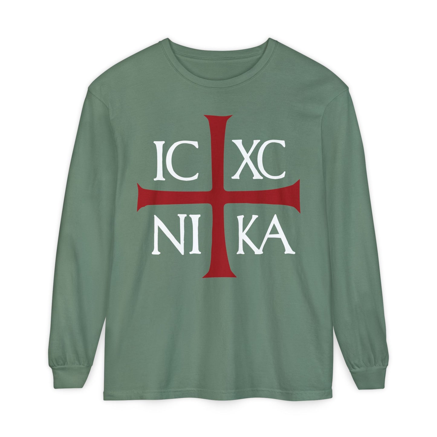 Light green long sleeve shirt featuring a red cross and white "IC XC NI KA" text—an ancient Byzantine Christogram meaning “Jesus Christ Conquers”—Orthodox Christian design. Cotton.