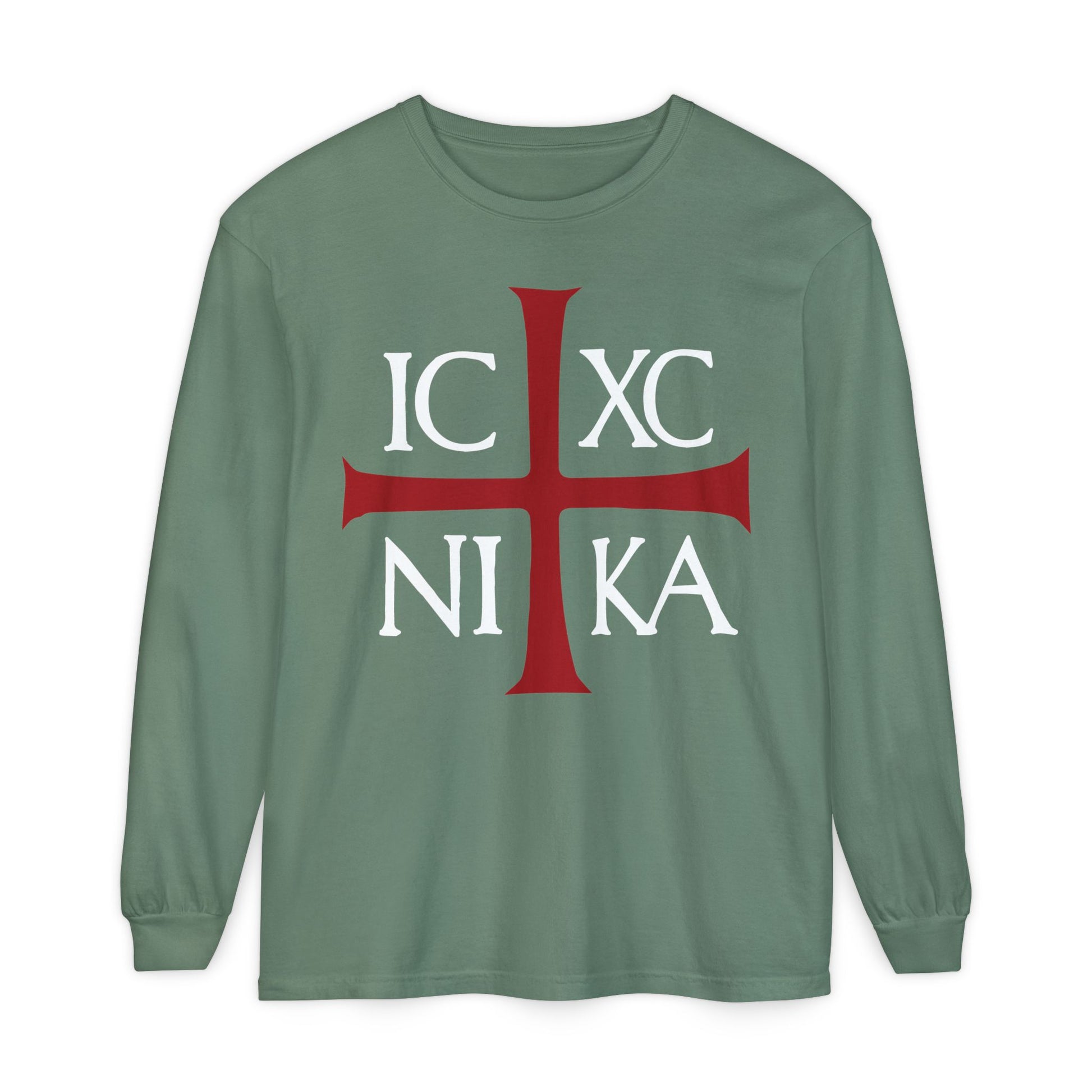 Light green long sleeve shirt featuring a red cross and white "IC XC NI KA" text—an ancient Byzantine Christogram meaning “Jesus Christ Conquers”—Orthodox Christian design. Cotton.