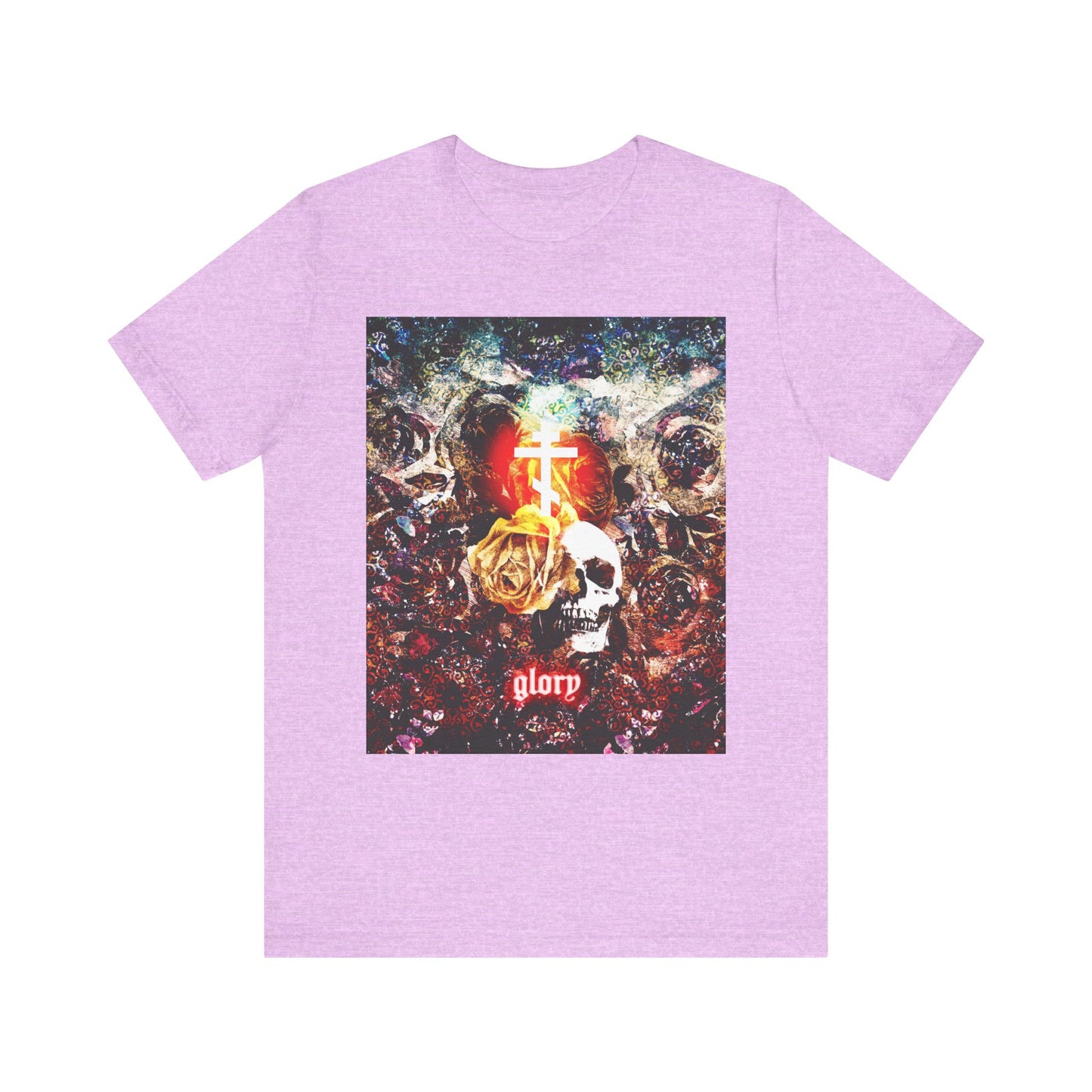 Heather Prism Lilac unisex tee featuring a striking skull, golden rose, and glowing cross design above the word "Glory"—inspired by John 13:31 and referencing themes from the Last Supper and Judas Iscariot’s betrayal of Jesus.