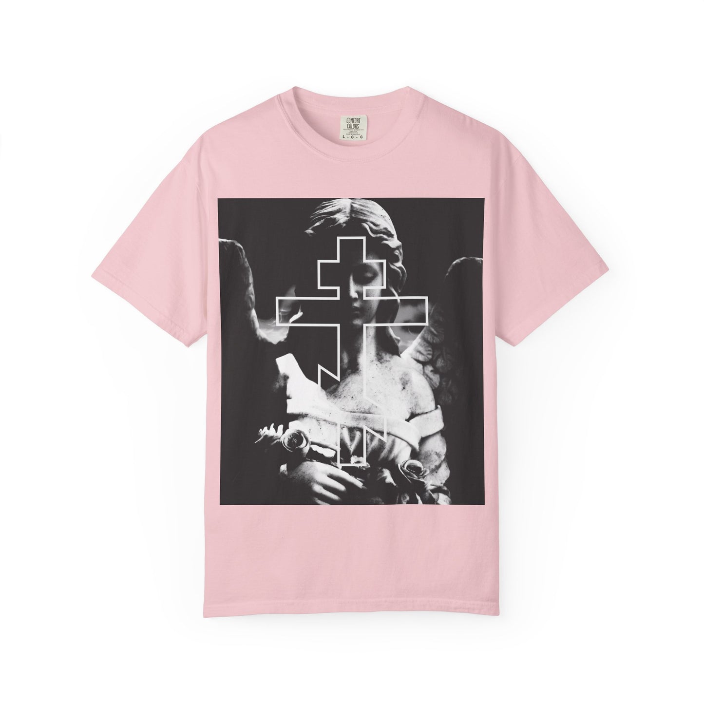 The Cemetery Angel Orthodox Cross tee in Blossom features a grayscale goth aesthetic with a bold cross graphic—a heavyweight cotton unisex shirt reminding you: Memento Mori.