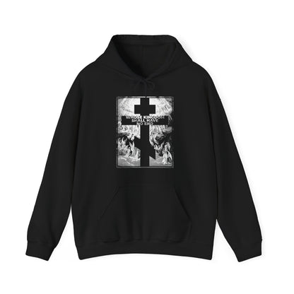 Black "Whose Kingdom Shall Have No End" Orthodox hoodie featuring Gustave Dore etching and the phrase, "What kind of stairway to heaven is paved by evil?" Inspired by Christian faith.