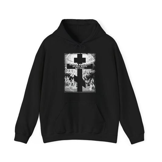 Black "Whose Kingdom Shall Have No End" Orthodox hoodie featuring Gustave Dore etching and the phrase, "What kind of stairway to heaven is paved by evil?" Inspired by Christian faith.