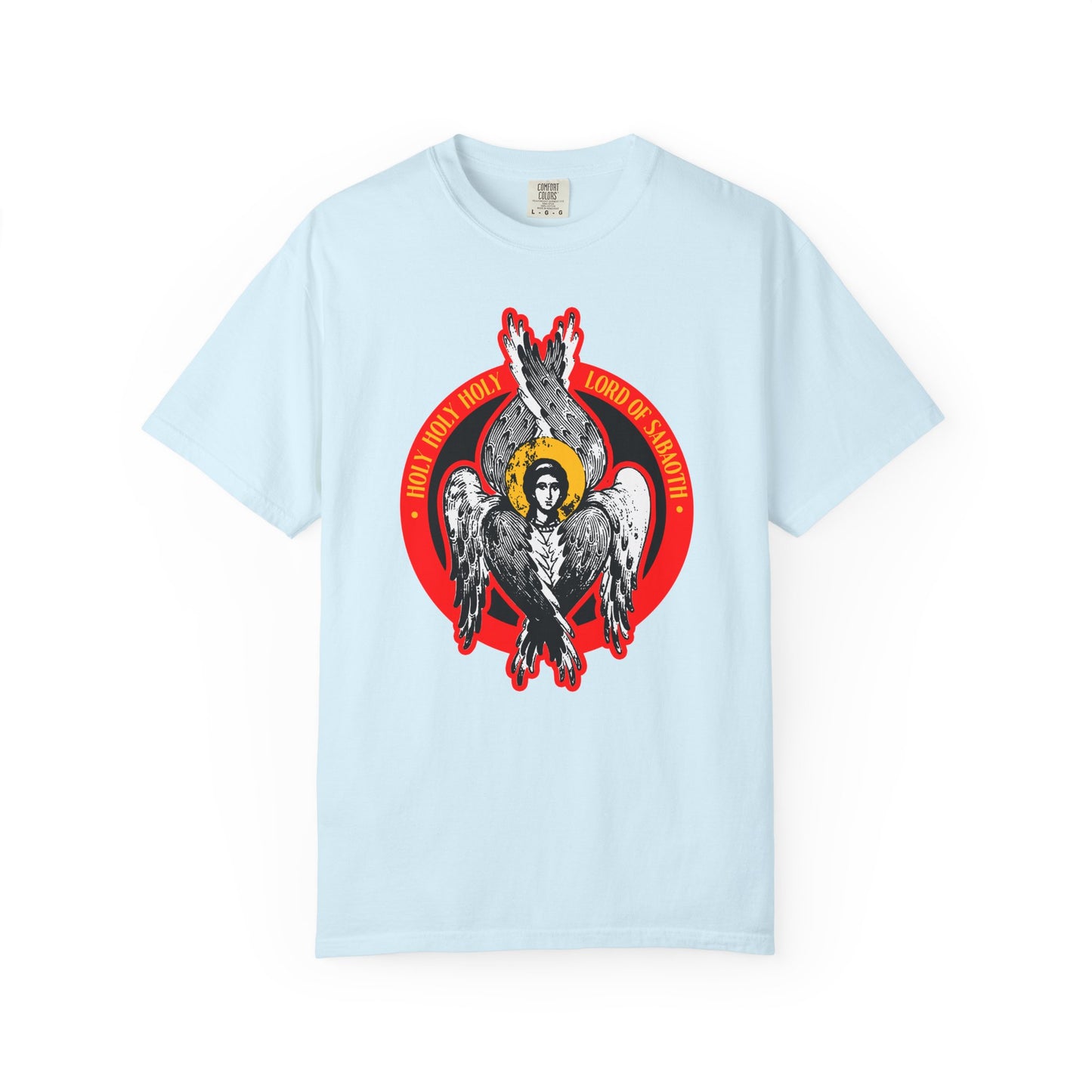 Chambray heavyweight cotton tee featuring a Seraphim angel iconographic graphic and "Holy Holy Holy, Lord of Sabaoth" text—an inspiring nod to Isaiah 6 and the unseen realm. Unisex fit.