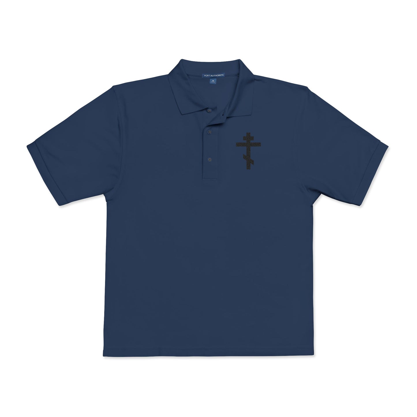 Embroidered Black Orthodox Cross | "May I never boast, except in the cross of our Lord Jesus Christ" (Gal 6:14) | Christian Polo Shirt