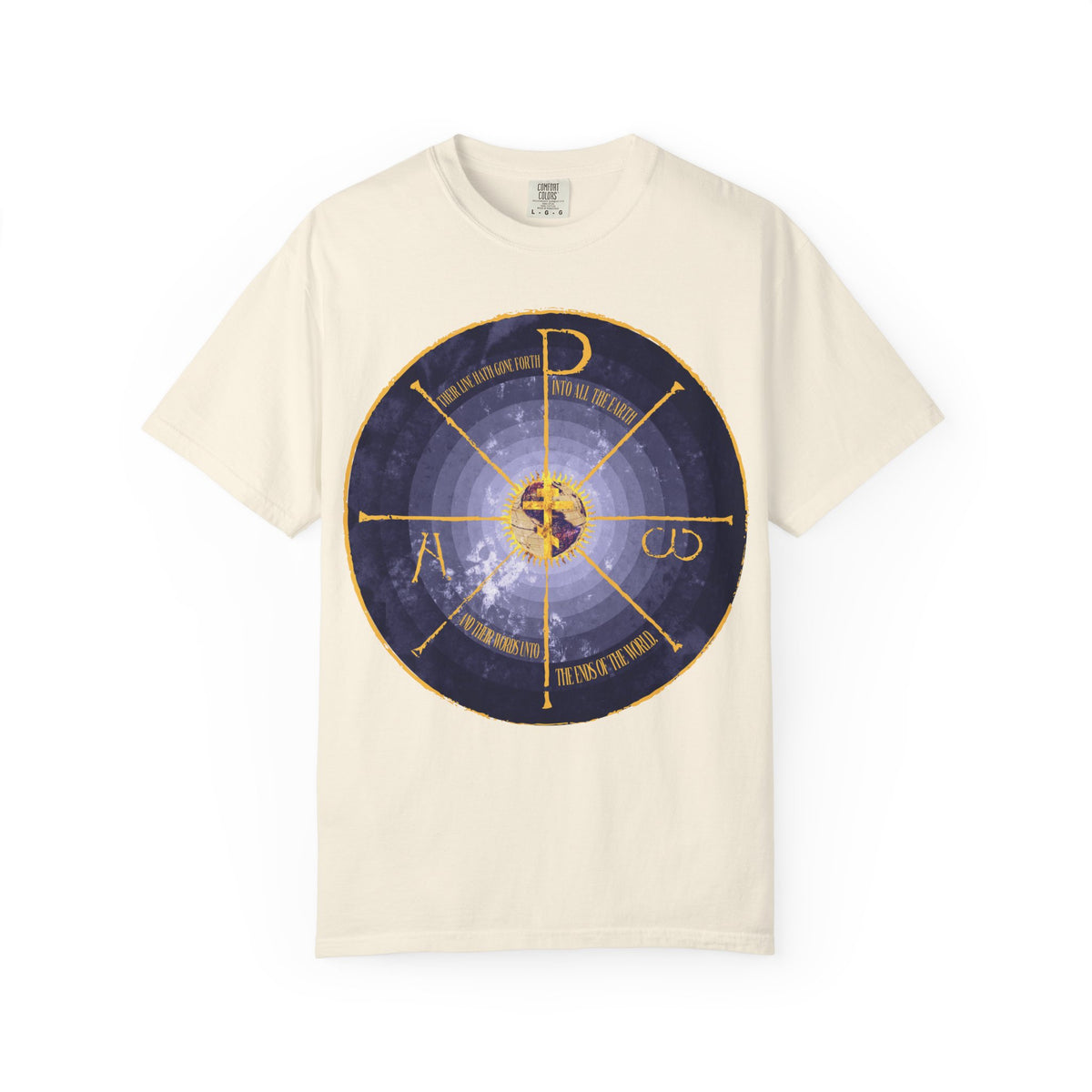 Ivory heavyweight cotton unisex tee featuring a striking blue and yellow medieval-style graphic of a geocentric cross, subtly highlighting the Chi Rho Christogram along with Alpha and Omega symbols for a distinctive Orthodox Christian and spiritual flair.