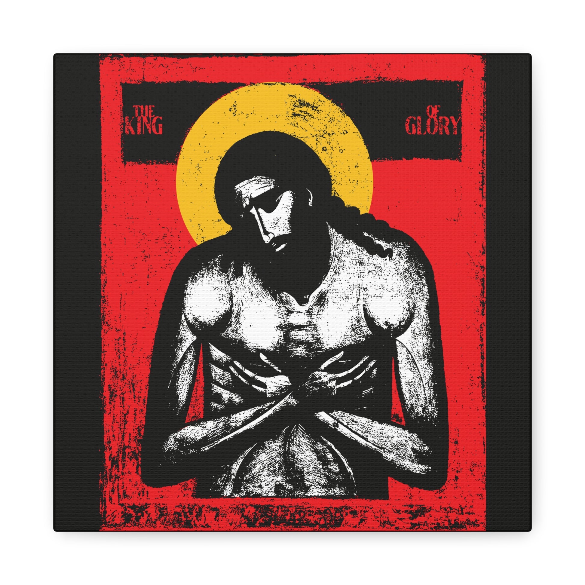 Stylized image of Jesus Christ with a yellow halo and crossed arms on a red background. "The King of Glory Jesus Christ 'Extreme Humility' IconoGraphic"—Christian wall art in red, yellow, white, and black, inspired by Isaiah 53.