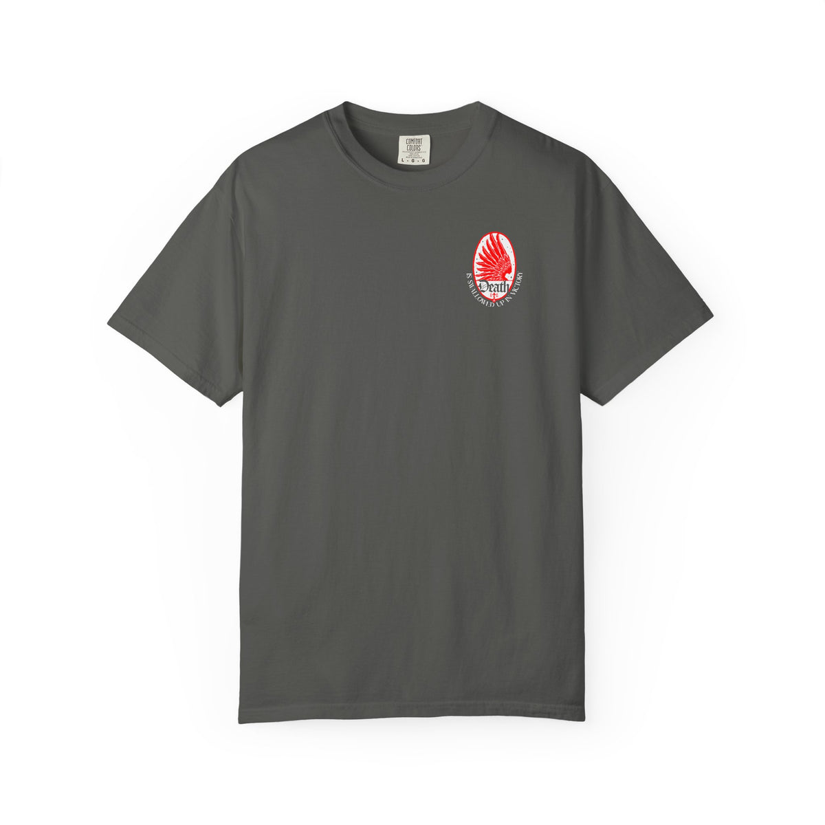 Pepper Death is Swallowed Up In Victory t-shirt with a red eagle wing, stars, and religious text graphic.