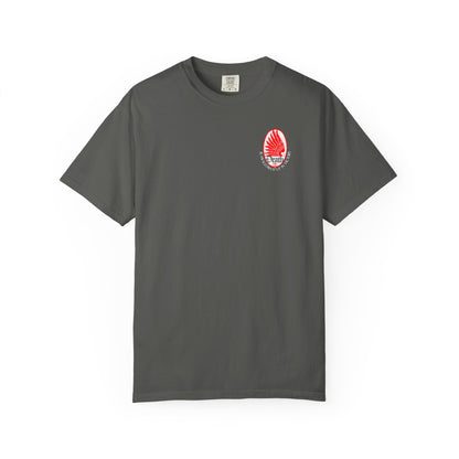 Pepper Death is Swallowed Up In Victory t-shirt with a red eagle wing, stars, and religious text graphic.