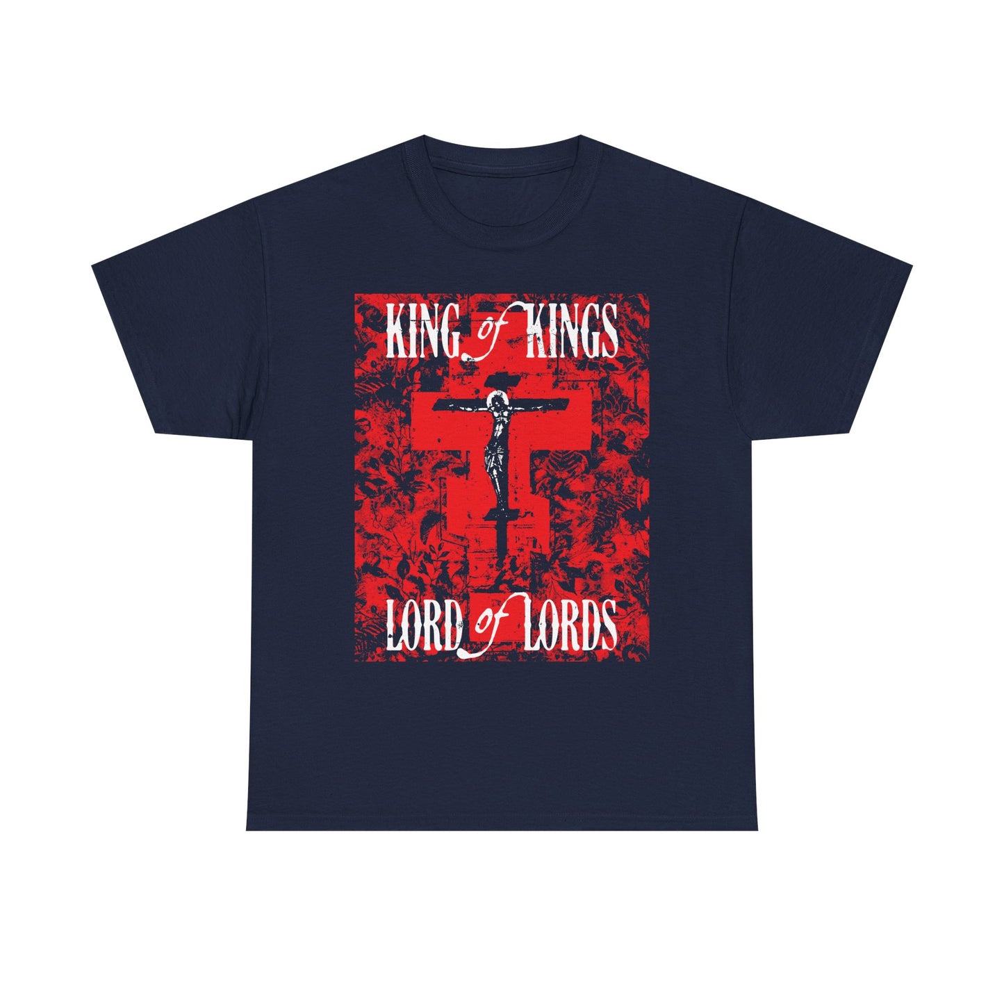 King of Kings, Lord of Lords | Christ Crucified Icono-Graphic | Red Cross Nature Texture w/ White Text | Midweight Cotton Unisex Tee