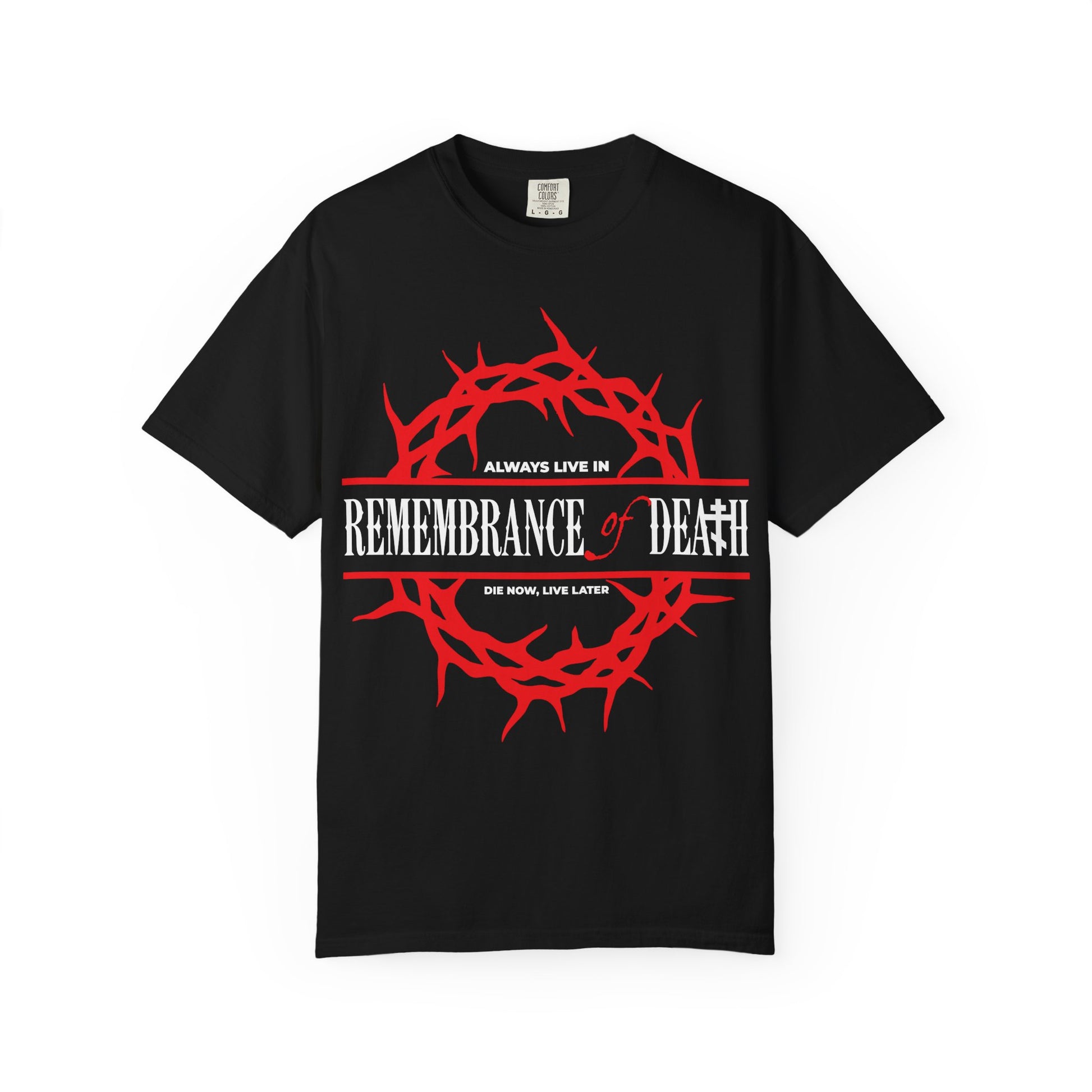 Sure! Here’s a rewritten version using your product data: Black heavyweight cotton t-shirt featuring a red crown of thorns and white text: “Always Live in Remembrance of Death.” This ascetic Christian Orthodox design nods to St. John Climacus and his teachings.