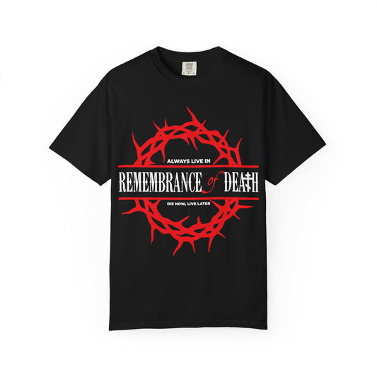 Sure! Here’s a rewritten version using your product data: Black heavyweight cotton t-shirt featuring a red crown of thorns and white text: “Always Live in Remembrance of Death.” This ascetic Christian Orthodox design nods to St. John Climacus and his teachings.