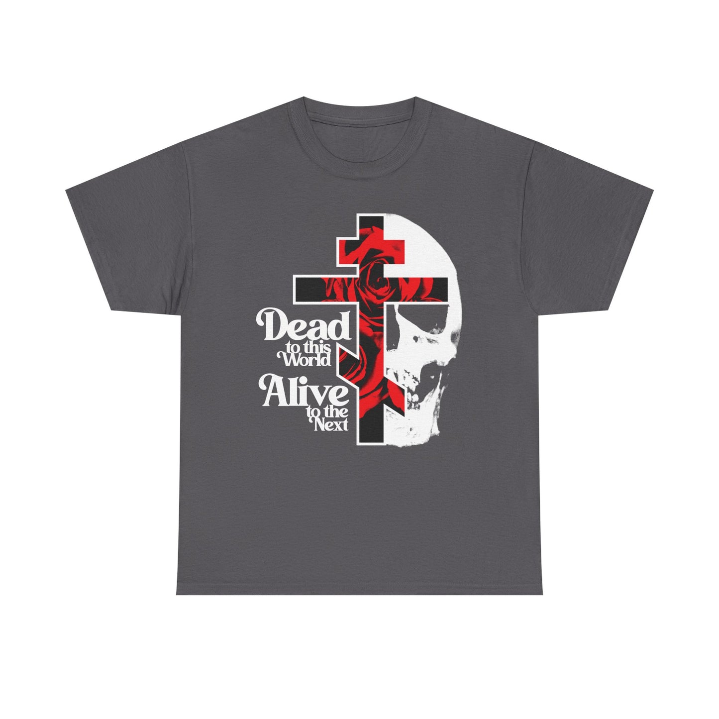 Charcoal t-shirt featuring a flower cross, skull, and “Dead to this World,” in 70s typography—a bestselling Orthodox Christian design inspired by the Ladder of Divine Ascent.