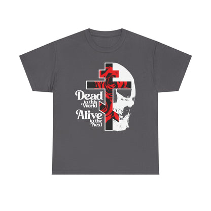 Charcoal t-shirt featuring a flower cross, skull, and “Dead to this World,” in 70s typography—a bestselling Orthodox Christian design inspired by the Ladder of Divine Ascent.