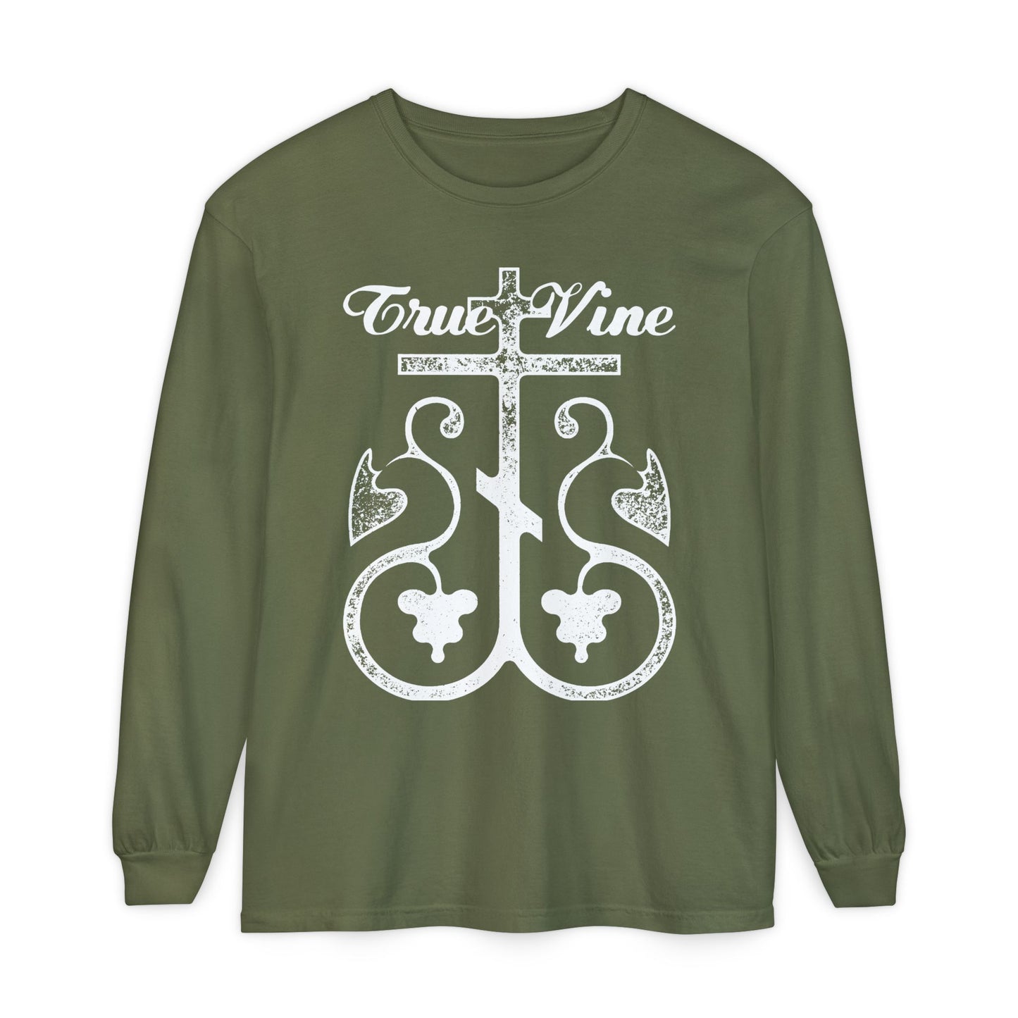 I Am the True Vine (John 15, Ezekiel 15) | Orthodox Cross with Grape Vine | Photocopy Effect | Orthodox Long Sleeve Cotton Shirt