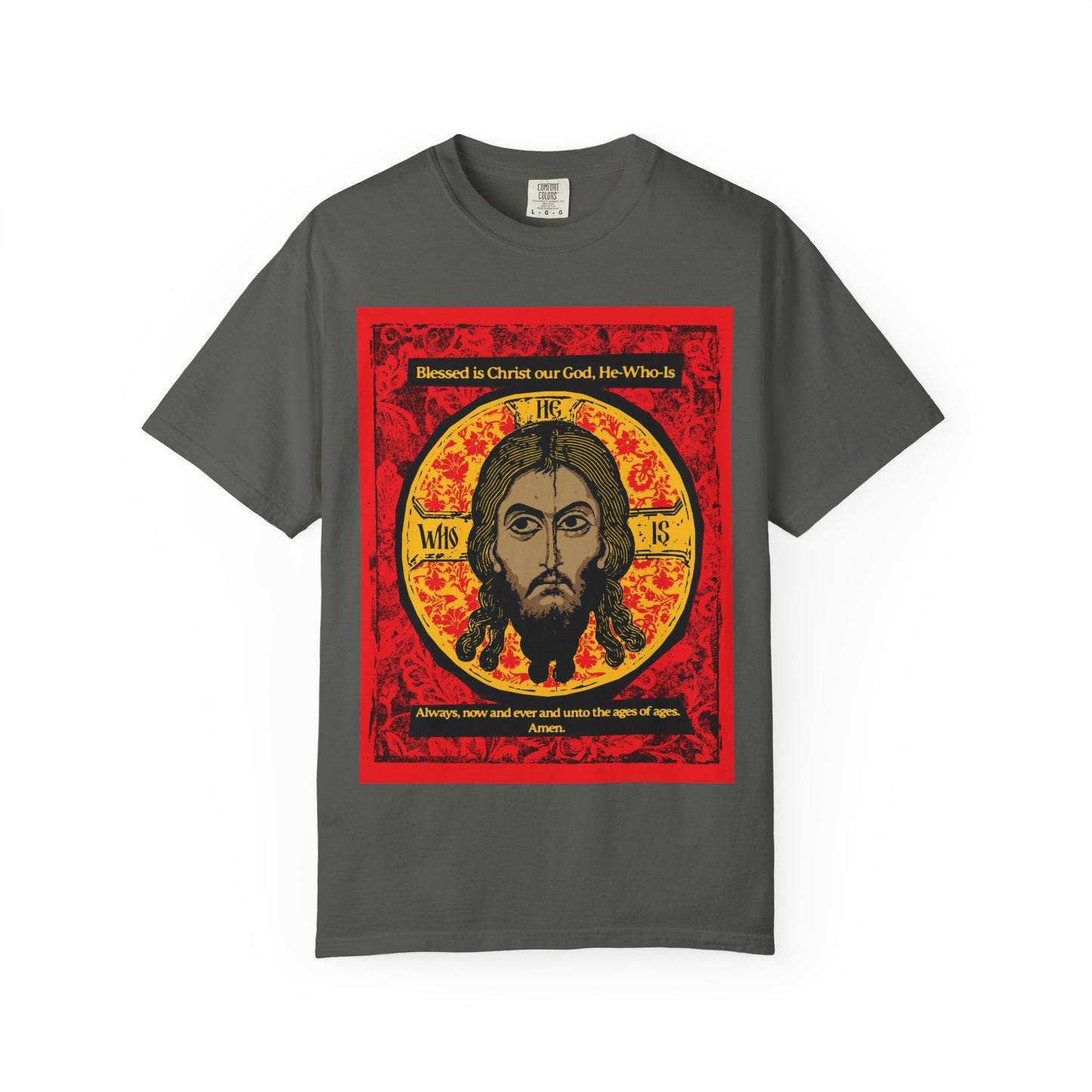Pepper-colored unisex t-shirt featuring a bearded Christ image inspired by the Mandylion/Icon of Edessa, celebrating Orthodox Christian hymn tradition and veneration. Heavyweight cotton with iconic religious graphic design.