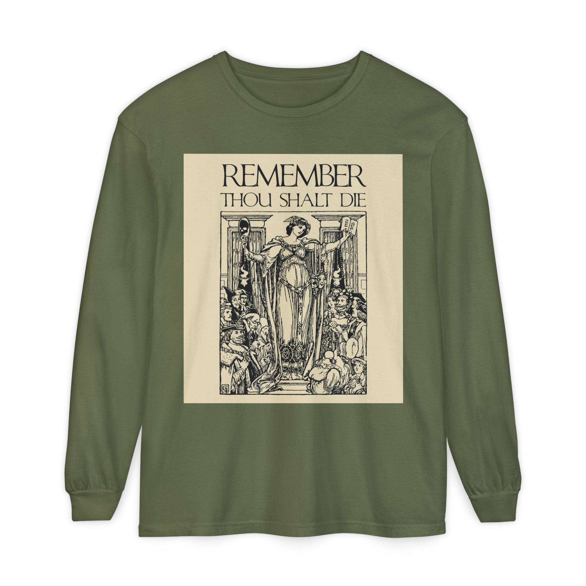 Hemp-colored long sleeve shirt with a classic woodcut Memento Mori design and “Remember You Will Die”—a Shakespearean Orthodox Christian nod to mortality.