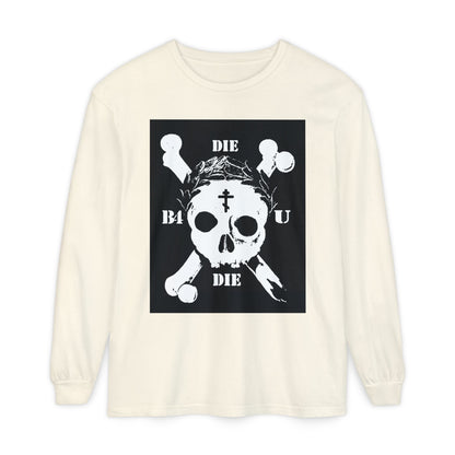 Ivory long-sleeve inspired by ascetic Christian themes, featuring retro skull & crossbones, Orthodox cross, laurel wreath, and "Die Before You Die"—a memento mori message about self-denial and victory over death.