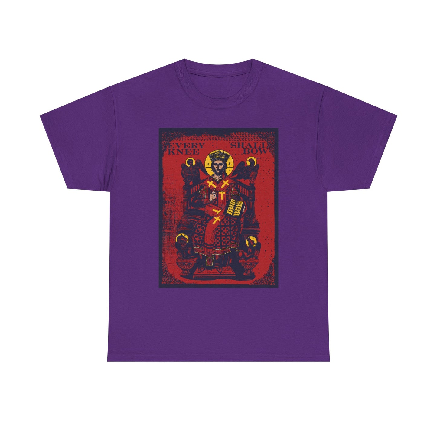 Purple "Every Knee Shall Bow" heavy cotton t-shirt featuring a Christ Enthroned iconographic design inspired by Phil 2:8-11, Isaiah 45:23, and Ezekiel's Chariot.