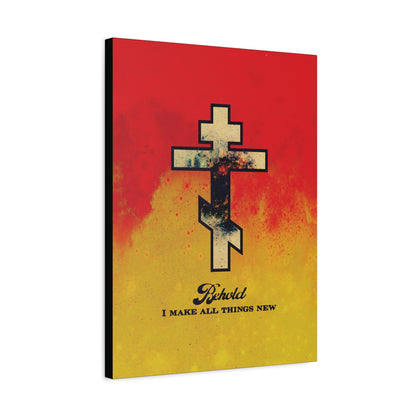 Behold, I Make All Things New (Revelation 21:5) | Cosmic Orthodox Cross on Red and Yellow Background | Orthodox Christian Canvas Art