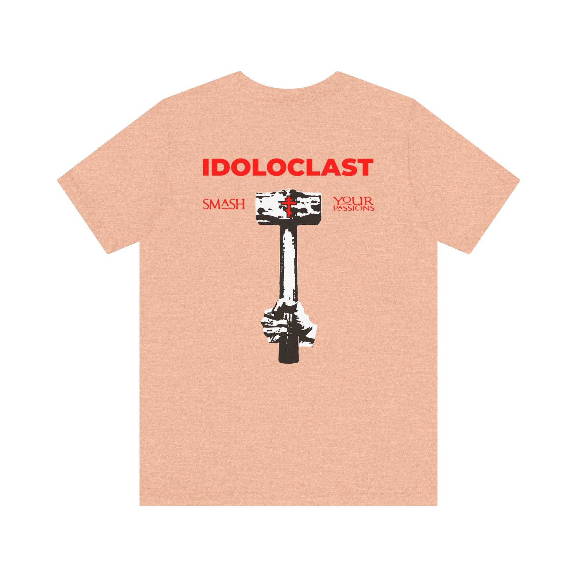 Sure! Here is a revised version of your sentence using the provided product data: Tan lightweight cotton unisex tee featuring a Jesus NIKA fist holding a hammer graphic on the back with the text "IDOLOCLAST" and "Smash Your Passions," along with a red cross on the front left breast—challenging you to break free from false idols, inspired by the spirit of the Evangelical Commandments and living a deeper Divine Life.