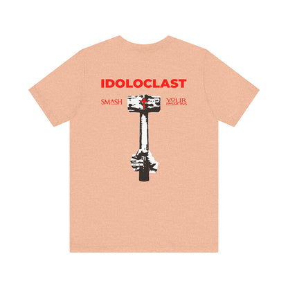 Sure! Here is a revised version of your sentence using the provided product data: Tan lightweight cotton unisex tee featuring a Jesus NIKA fist holding a hammer graphic on the back with the text "IDOLOCLAST" and "Smash Your Passions," along with a red cross on the front left breast—challenging you to break free from false idols, inspired by the spirit of the Evangelical Commandments and living a deeper Divine Life.