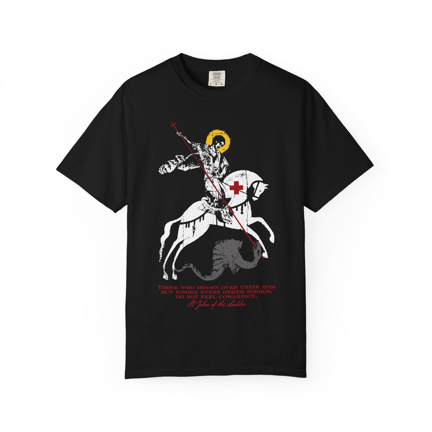 Black heavyweight cotton unisex tee featuring an iconographic graphic of St George slaying the dragon, inspired by St John Climacus, with the phrase “Those Who Mourn Over Their Sins” beneath the illustration—an Orthodox Christian design that poignantly expresses themes of spiritual struggle and the sadness of soul.