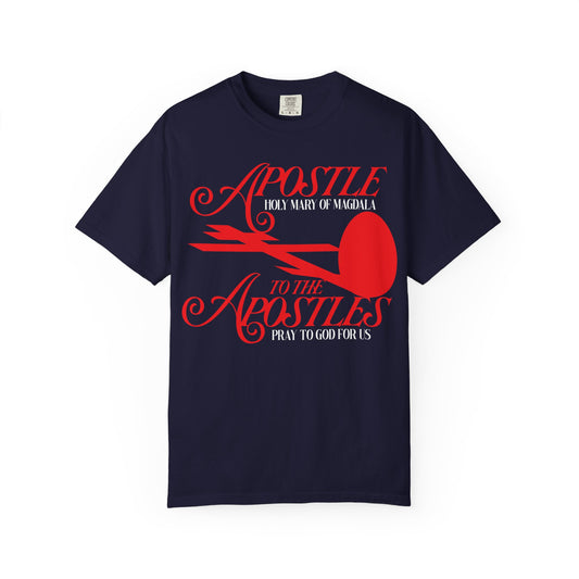 True Navy heavyweight cotton unisex tee featuring red text: “Apostle to the Apostles,” with a red cross and red egg graphic—honoring Saint Mary Magdalene, Orthodox Christian witness to the Lord’s Burial.