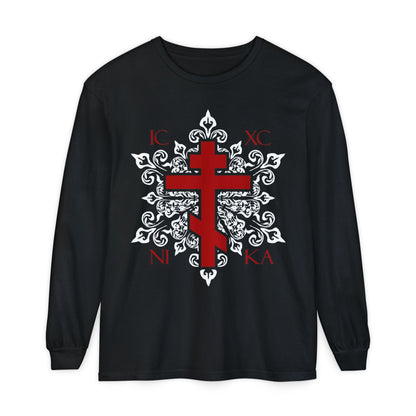 ICXC / NIKA Red Orthodox Cross on Ornate White Medieval Floral Design | Exclusive Best-Selling | Orthodox Christian Long Sleeve Shirt