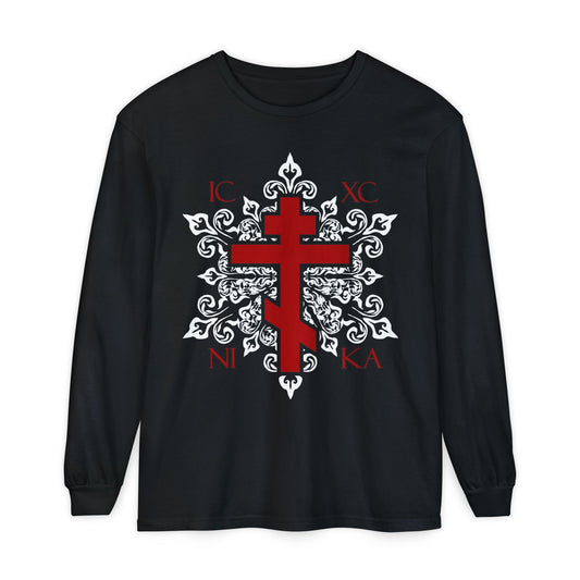 ICXC / NIKA Red Orthodox Cross on Ornate White Medieval Floral Design | Exclusive Best-Selling | Orthodox Christian Long Sleeve Shirt