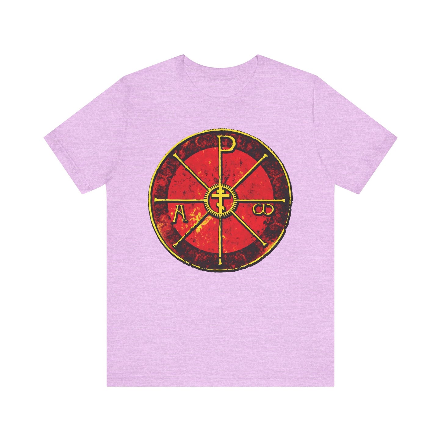 Heather Prism Lilac t-shirt with a red and yellow Chi Rho Christogram cross—Alpha & Omega design inspired by Saint Ambrose’s Chrismon at Milan Cathedral. Lightweight cotton. "In This Sign Ye Shall Conquer.