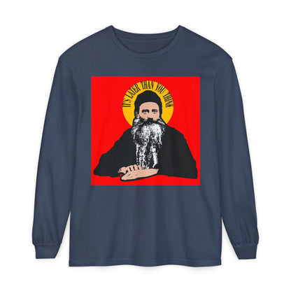 Midnight long-sleeve shirt featuring Fr Seraphim Rose with a yellow halo and the quote "It's Later Than You Think," honoring the modern American Orthodox Christian saint.