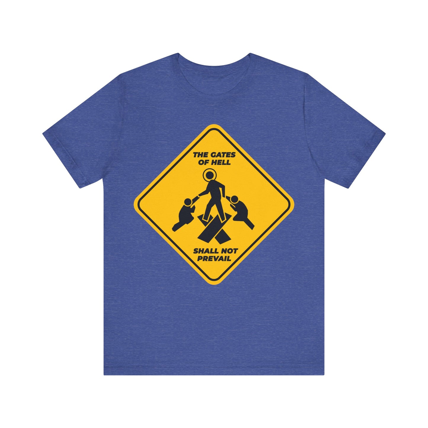 Gates of Hell Shall Not Prevail | Yellow Street Sign Minimalist Pascha Icon | Trampling Down Death By Death | Lightweight Cotton Unisex Tee
