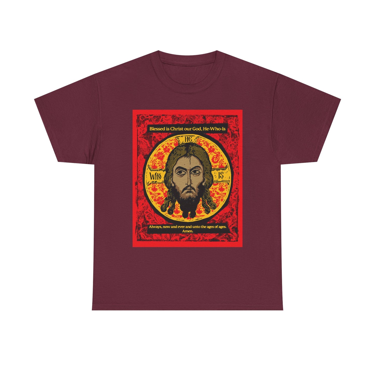 Maroon heavy cotton t-shirt featuring a graphic design of the Mandylion (Image of Edessa)—an Orthodox Christian icon of Jesus Christ—highlighted with halo and ornate red border, inspired by veneration icons and hymn tradition.