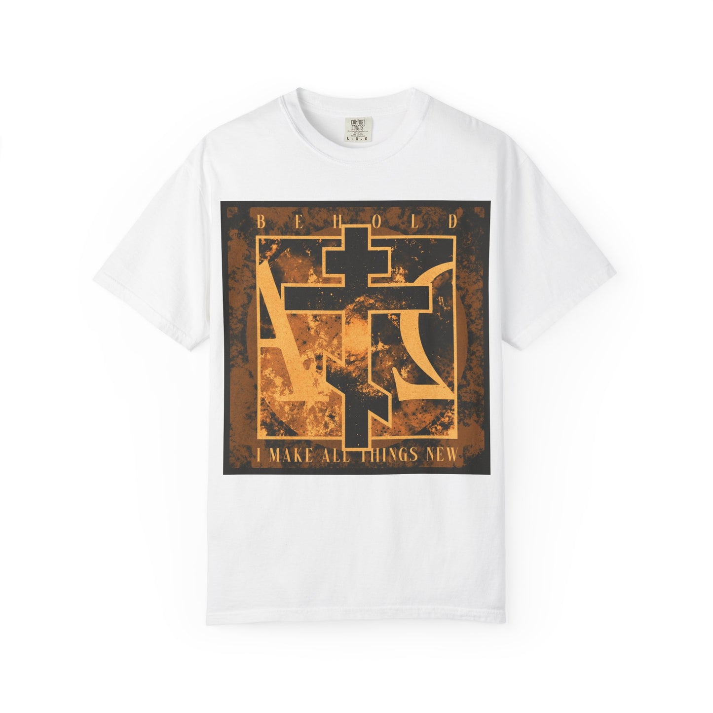 White heavyweight cotton unisex t-shirt featuring a brown and orange Orthodox cross with Alpha & Omega background and the text “BEHOLD I MAKE ALL THINGS NEW (Rev 21:5)” on the front, inspired by the promise of a new heaven and new earth.