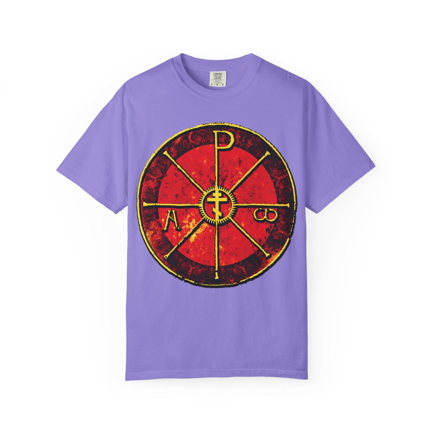Violet heavyweight cotton t-shirt featuring the Alpha & Omega Chi Rho Orthodox Cross—an ancient Christogram with Greek letters, inspired by motifs from the Cathedral of Milan. "In This Sign Ye Shall Conquer" design on front.