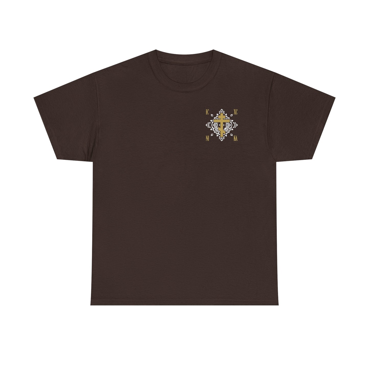 Gold Orthodox Cross ICXC NIKA  (Small Design) | White Medieval Ornate Floral Pattern | Jesus Christ Conquers | Midweight Cotton Unisex Tee