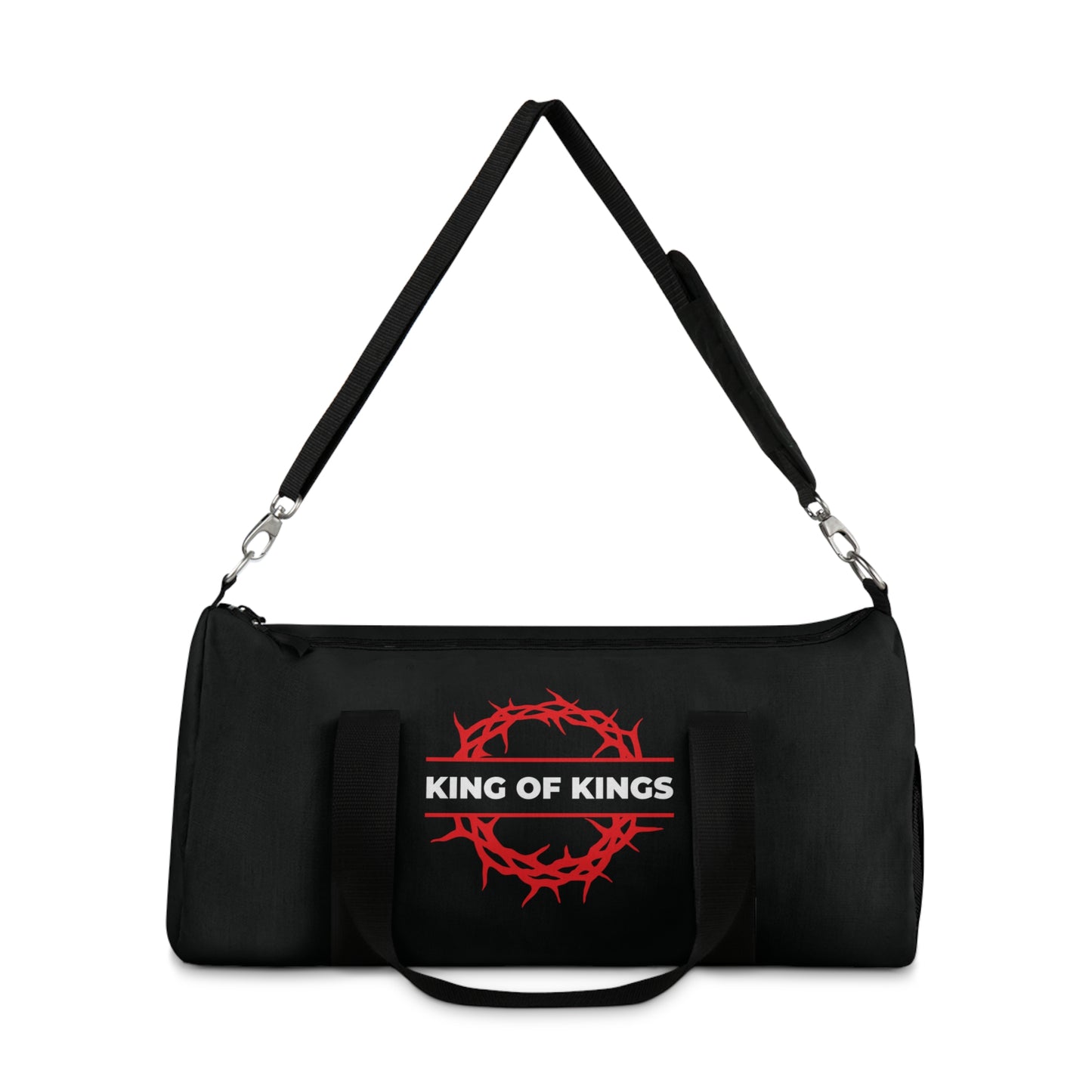 The "King of Kings Crown of Thorns" duffel bag features KING OF KINGS text, a red crown of thorns graphic, and is inspired by Revelation 19:16—bold Christian gym gear declaring Christ is King.