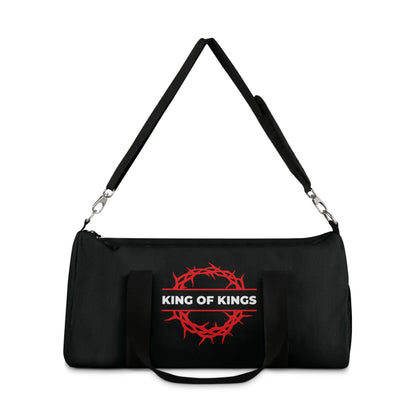 The "King of Kings Crown of Thorns" duffel bag features KING OF KINGS text, a red crown of thorns graphic, and is inspired by Revelation 19:16—bold Christian gym gear declaring Christ is King.