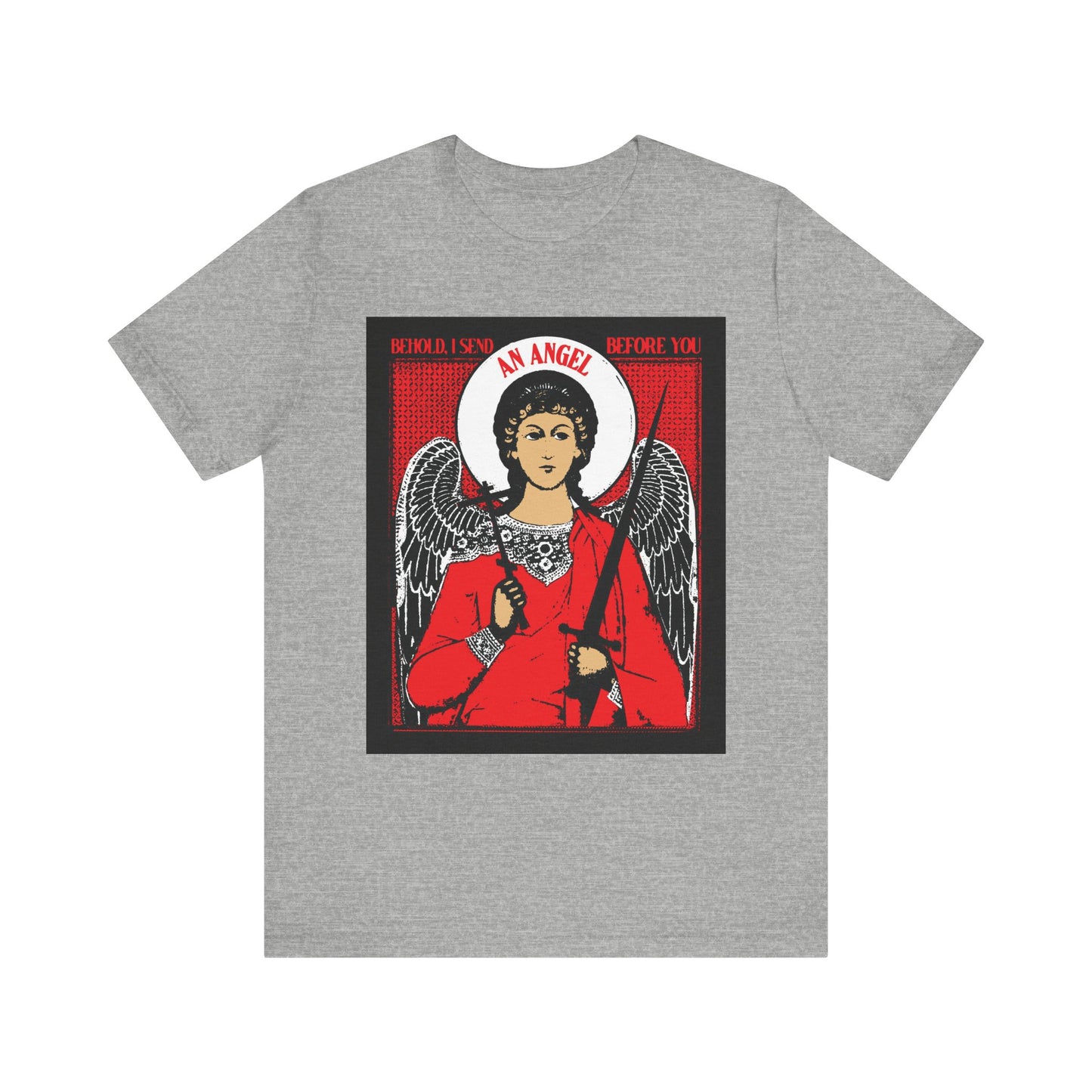 Athletic Heather tee with a guardian angel icon, cross & sword, and “Behold, I Send an Angel Before You” text. Lightweight cotton unisex fit—Orthodox-inspired by Exodus 23:20, a stylish reminder of angelic protection.