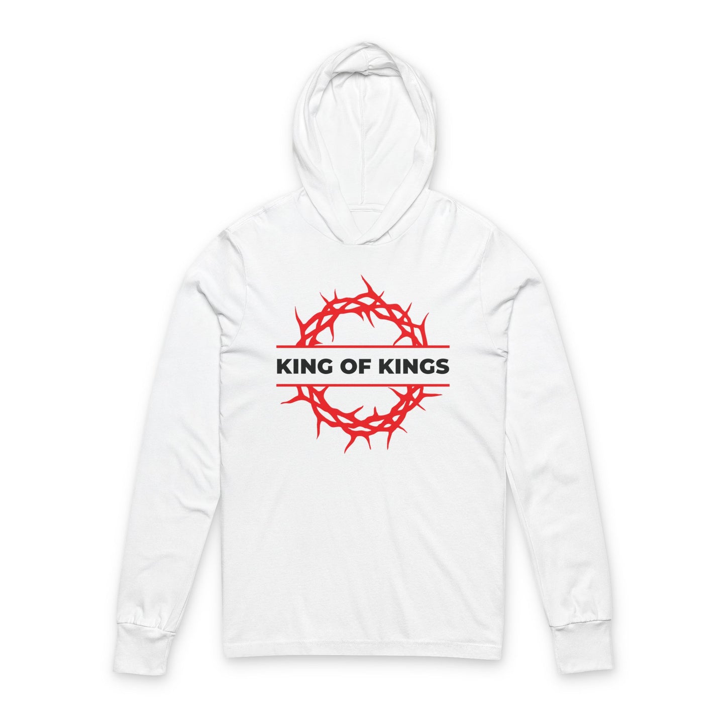 White "King of Kings Crown of Thorns" Christian cotton hoodie featuring a red crown of thorns and "Christ is King," inspired by Revelation 19:16.