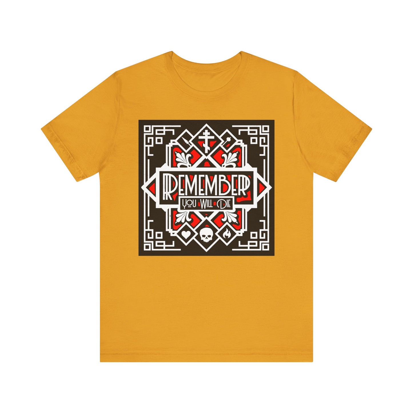 Mustard lightweight cotton T-shirt in a striking red and white Art Deco design featuring ‘REMEMBER YOU WILL DIE’ across the front, inspired by Orthodox Christian memento mori tradition—an echo of St Ignatius Brianchaninov’s reminder that mindfulness of death can be deadly for sin.