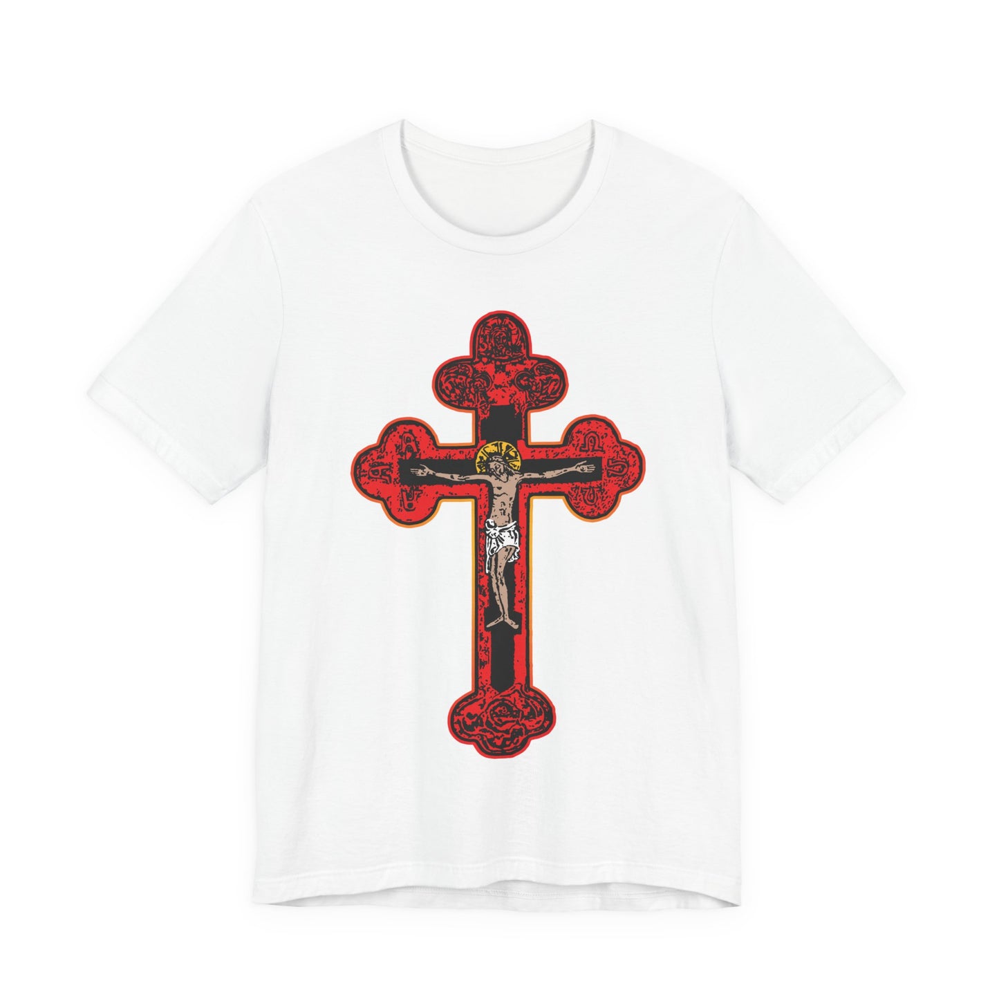White "Red Orthodox Christian Crucifix" unisex cotton tee featuring a large ornate red Byzantine Golgotha Cross with a gold and black image of Jesus at the center. Color: White.