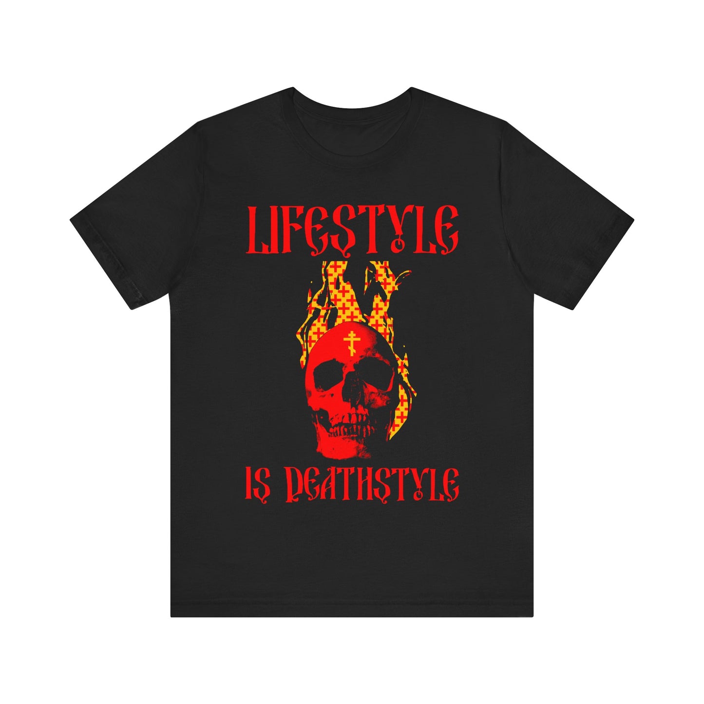 Lifestyle is Deathstyle | Burning Red Skull with Orthodox Cross | How You Live is How You Die | Lightweight Cotton Unisex Tee