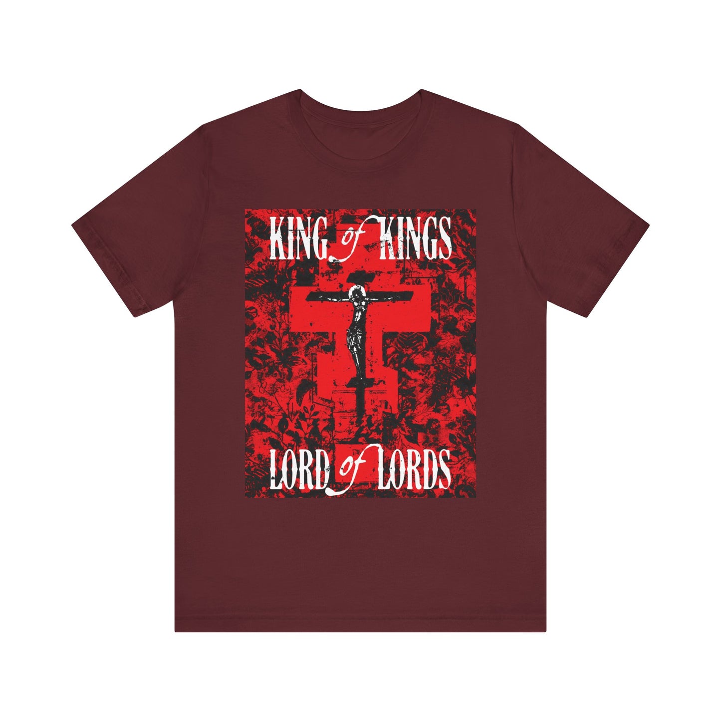 King of Kings, Lord of Lords | Christ Crucified Icono-Graphic | Red Cross Nature Texture w/ White Text | Lightweight Cotton Unisex Tee