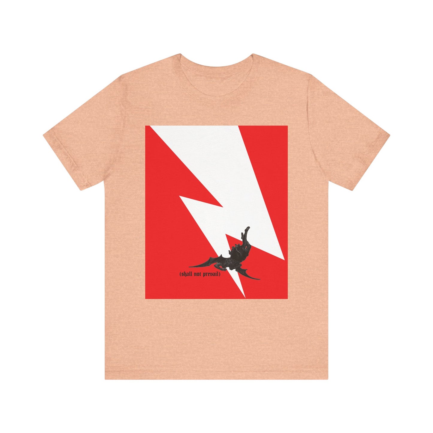 Heather peach unisex tee featuring a minimalist red and white lightning bolt with a black figure, inspired by Luke 10:18 and Bible verses about pride; text reads "Shall Not Prevail.