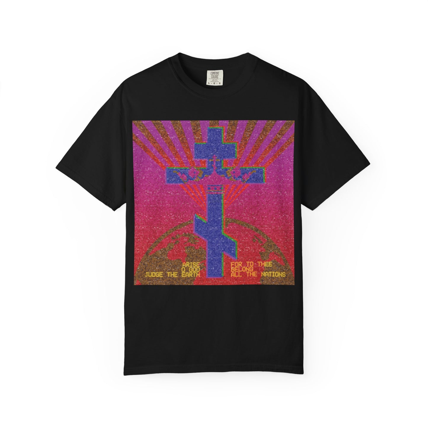 Black heavyweight cotton unisex T-shirt featuring an 80s retro VCR/computer monitor pixel design with a colorful cross graphic and sun rays; text at the bottom reads “ARISE JUDGE THE EARTH…” in yellow, inspired by Psalm 81 and the Orthodox Christian theme of the divine council.