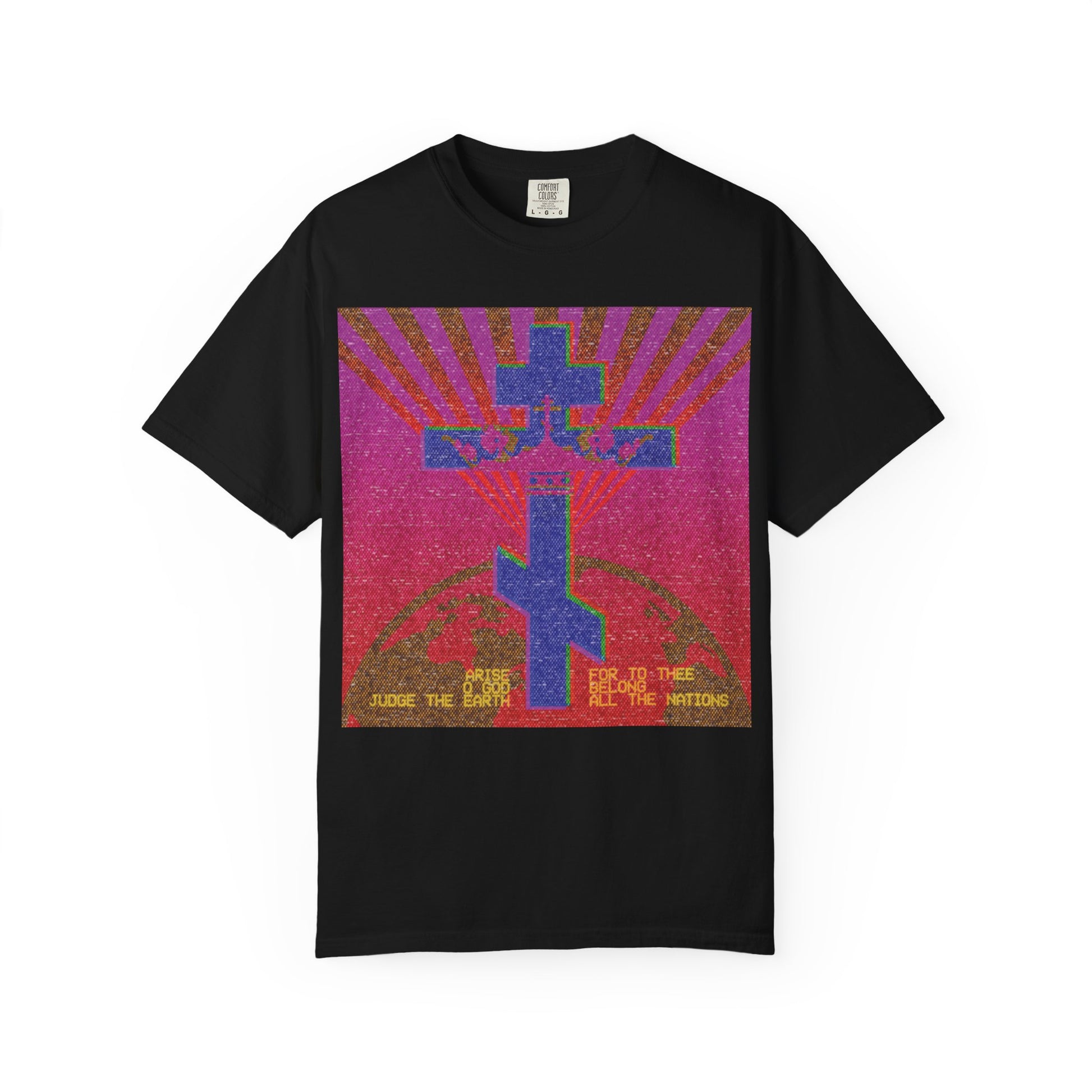 Black heavyweight cotton unisex T-shirt featuring an 80s retro VCR/computer monitor pixel design with a colorful cross graphic and sun rays; text at the bottom reads “ARISE JUDGE THE EARTH…” in yellow, inspired by Psalm 81 and the Orthodox Christian theme of the divine council.