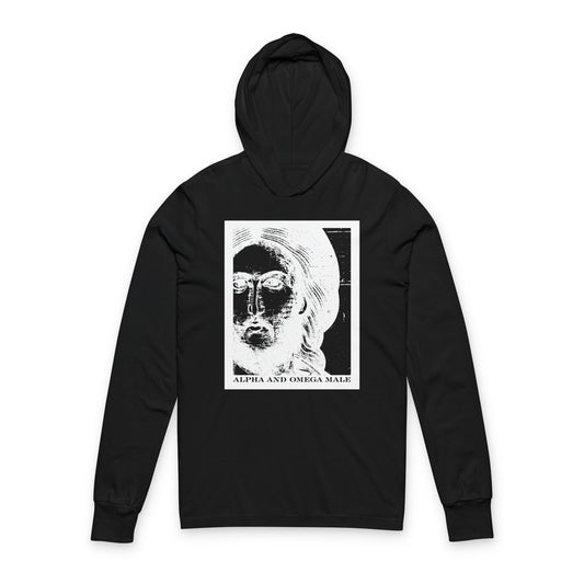 Black hoodie featuring a photonegative Jesus Christ icon with "Alpha & Omega Male" and "I am the Beginning & the End (Rev 22)" text, inspired by Revelation and Christian faith.