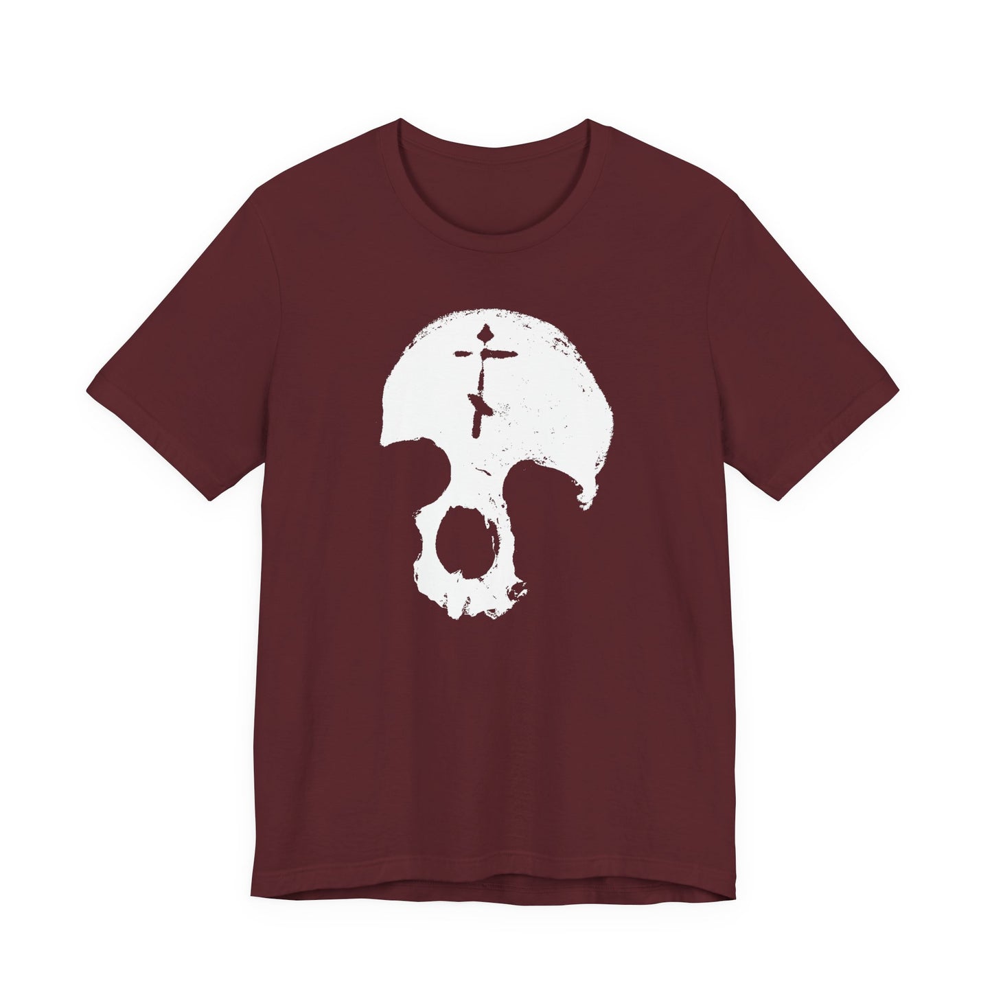 Maroon cotton unisex tee featuring a large minimalist white skull with Orthodox cross graphic, inspired by the "All is Vanity" and "Memento Mori" themes—a bold gothic Christian reminder of life's fleeting nature.