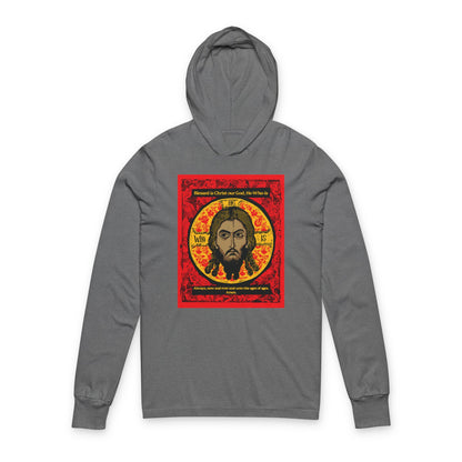 Remembrance of Death “Made Without Hands” Orthodox hooded shirt features a vibrant Jesus Christ icon with Greek letters, red-black-yellow design, and halo, inspired by the Mandylion tradition.